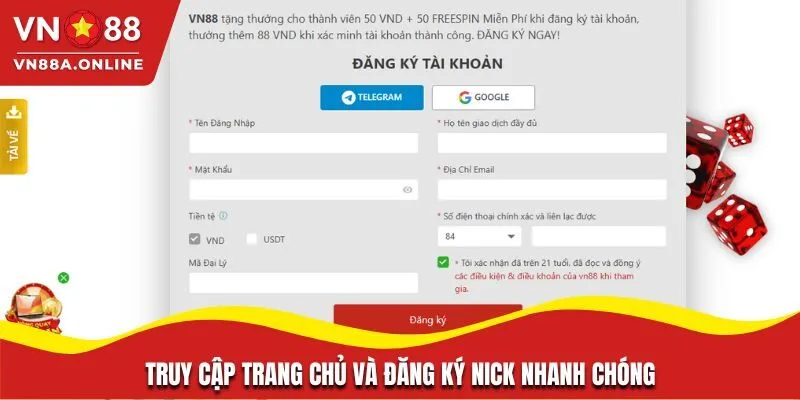 Truy cập trang chủ và đăng ký nick nhanh chóng